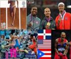 Подиум атлетика мужчины 400 метров с барьерами, Феликс Санчес (Доминиканская Республика), Майкл Tinsley (Соединенные Штаты) и Хавьера Culson (Пуэрто-Рико), Лондон 2012